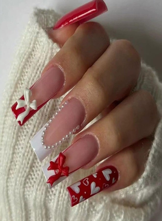 SINSEN 24Pcs Long Square Press on Nails French Tip Fake Nails Valentines False Nails with 3D Bow Heart White Pearl Design Cute Acrylic Nail Full Cover Reusable Hearts Glue on Nails for Women Manicure DIY - Image 1
